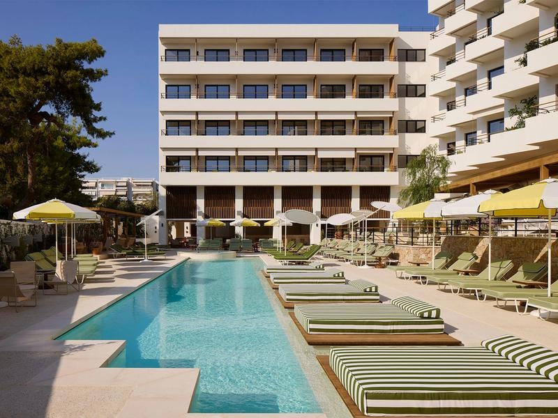 The pool terrace at Ace Hotel & Swim Club in Glyfada — a contemporary Athens Riviera hotel with outdoor pool and sea views