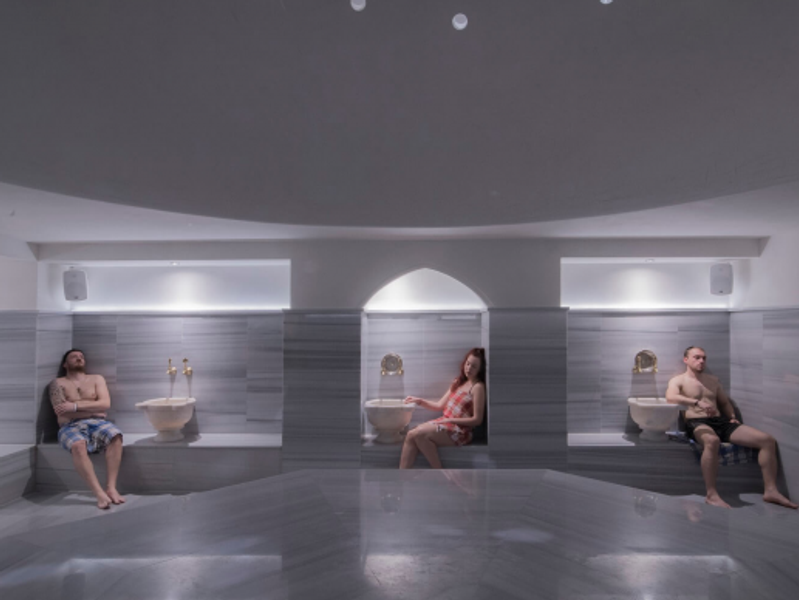 Interior of Polis Hammam in Athens — a traditional hammam spa with heated marble slabs and steam rooms