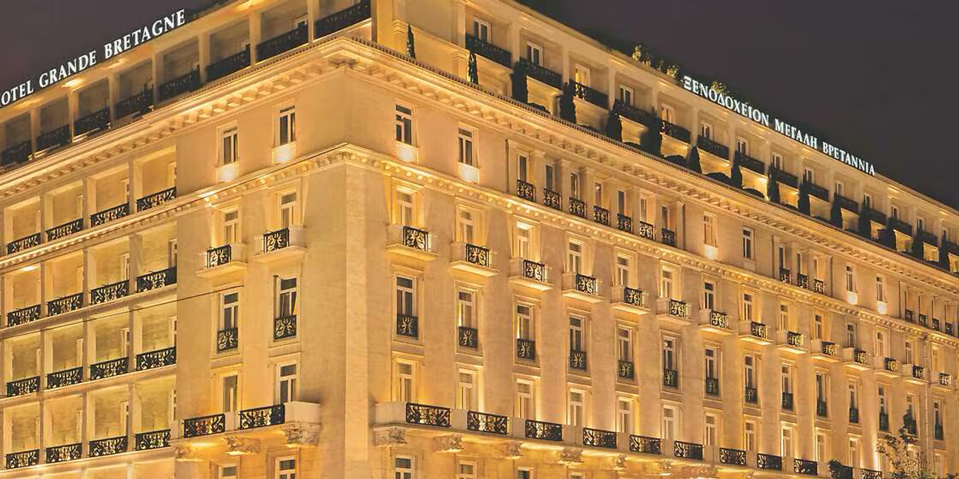 The neoclassical façade of Hotel Grande Bretagne on Syntagma Square, Athens — one of Europe's grand historic hotels since 1874