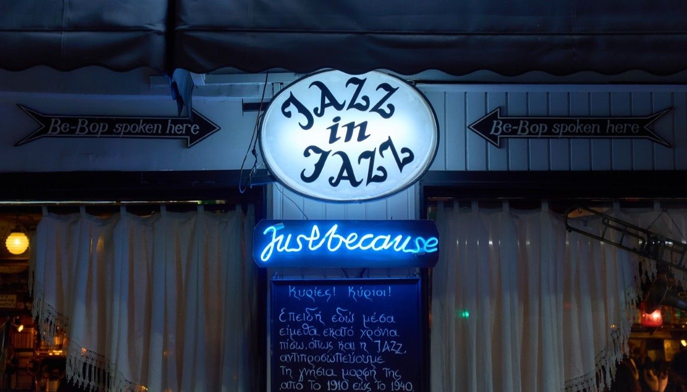 The bar at Jazz in Jazz with its collection of bottles and jazz memorabilia