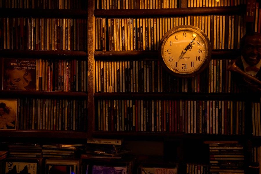 Interior of Jazz in Jazz bar, records and memorabilia on the wall