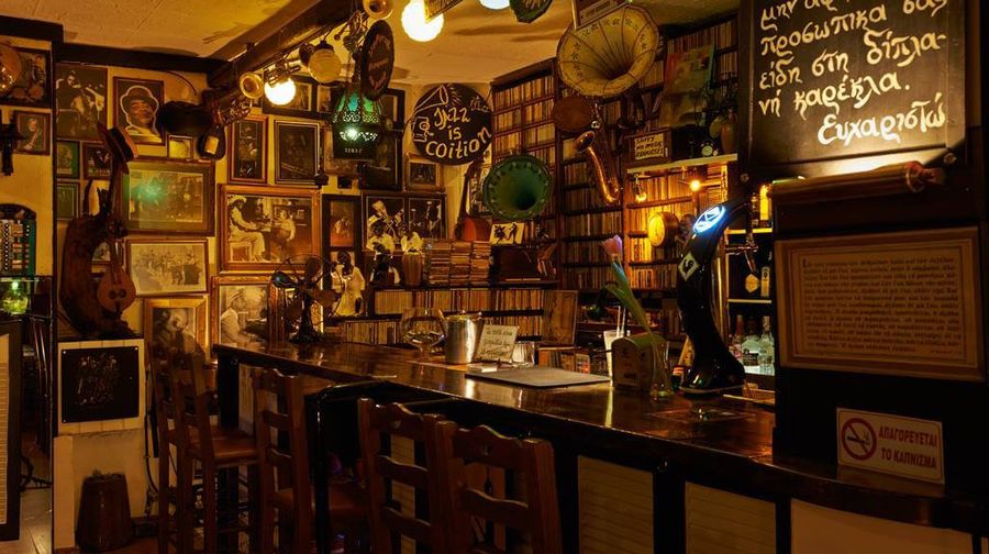 Jazz in Jazz Athens — the legendary Kolonaki bar lined with vinyl and memorabilia