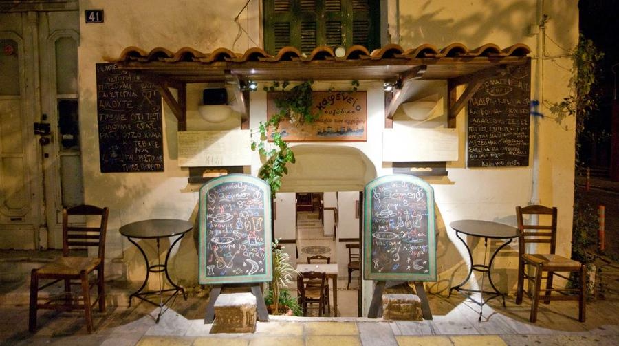 Wreck of Angels Athens — stone-vaulted interior of the historic kafeneion
