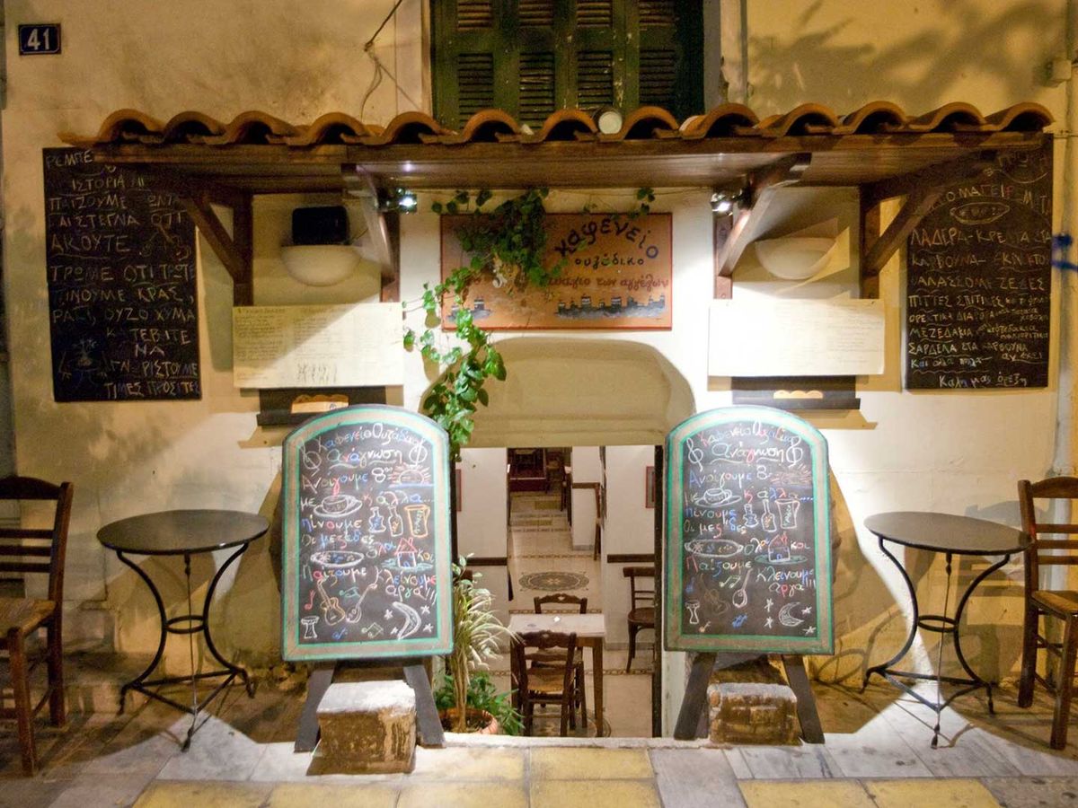 Wreck of Angels Athens — stone-vaulted interior of the historic kafeneion