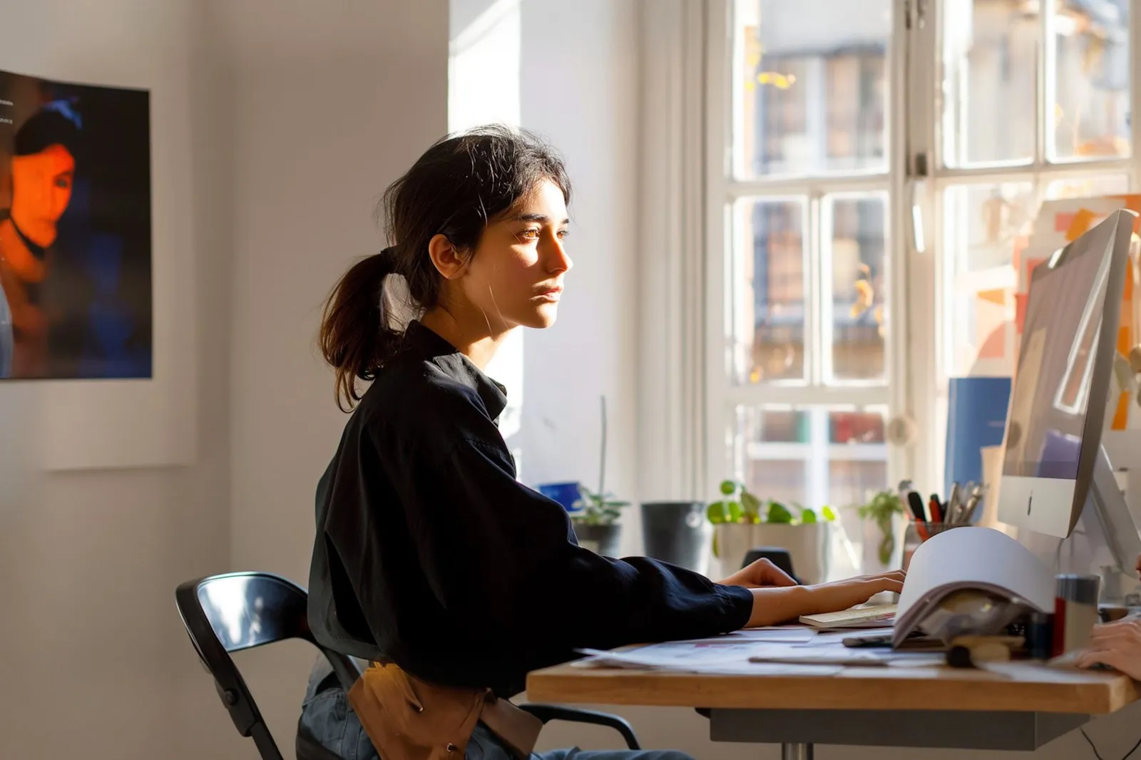 Joven profesional trabajando en escritorio con monitor, ilustrando 'Comercio conversacional en 2025: cómo las tiendas en líne