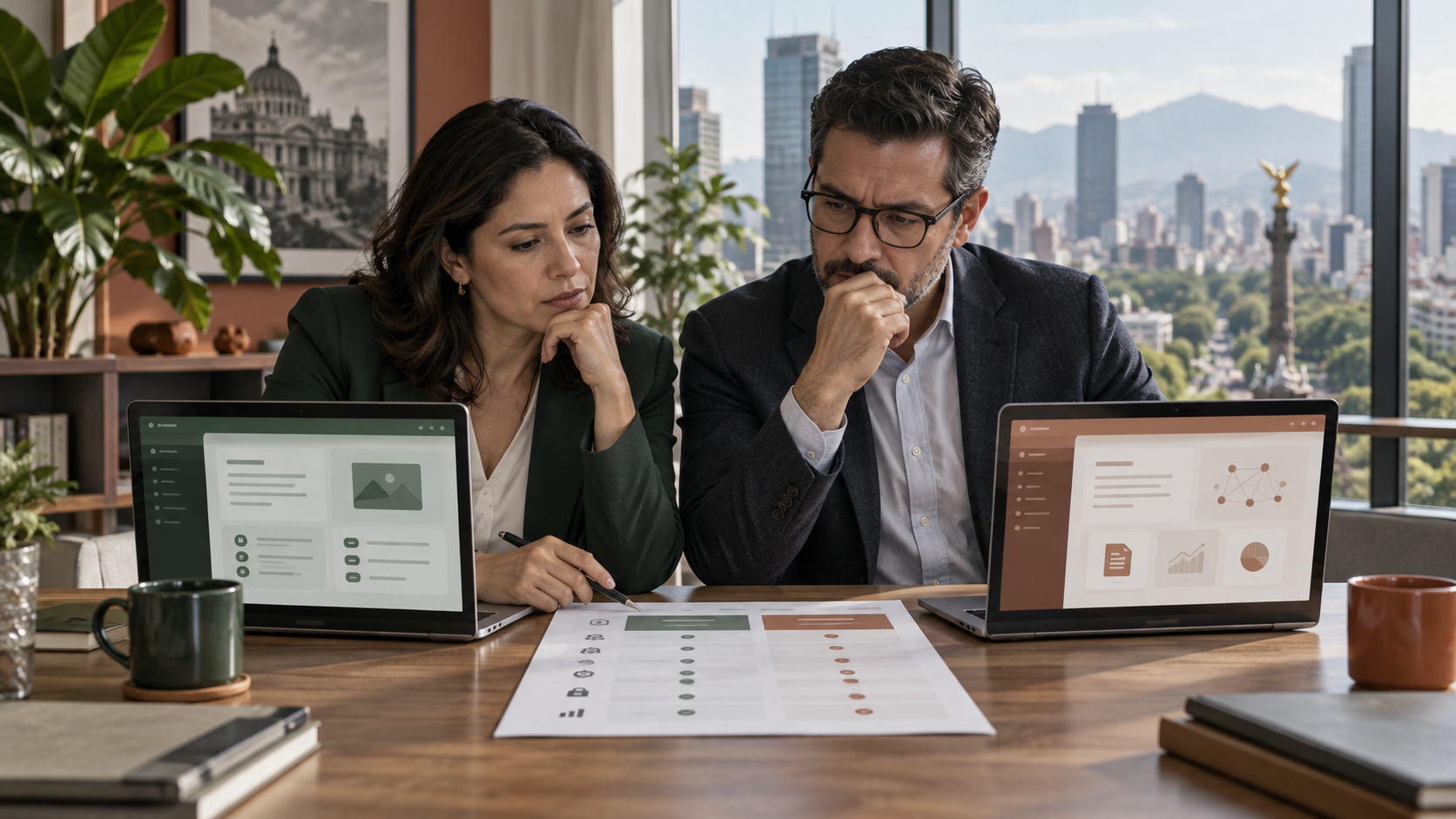 Directivos comparan dos plataformas empresariales de inteligencia artificial con una matriz de decisión