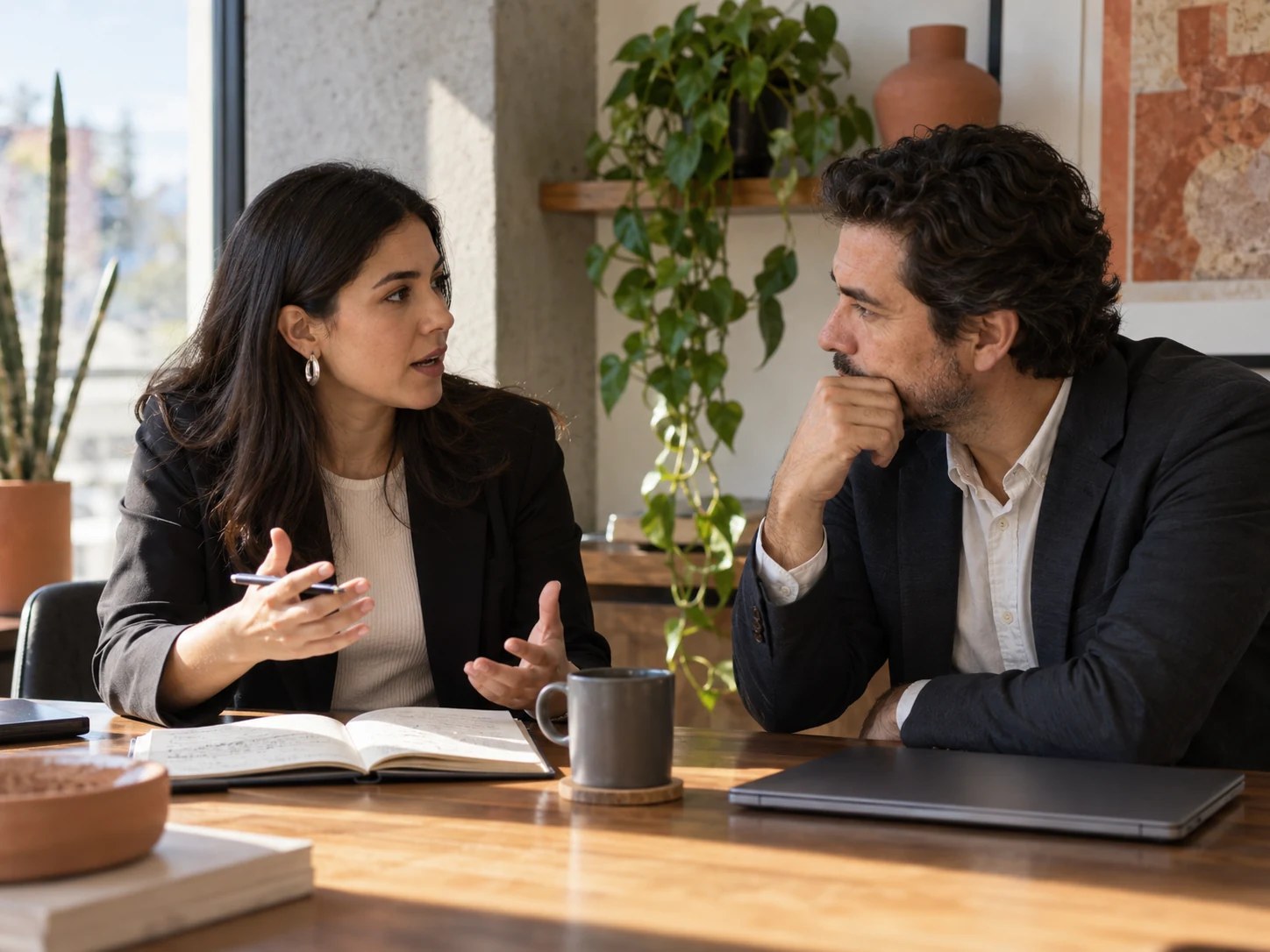 Profesionales conversan sobre un proyecto en una oficina
