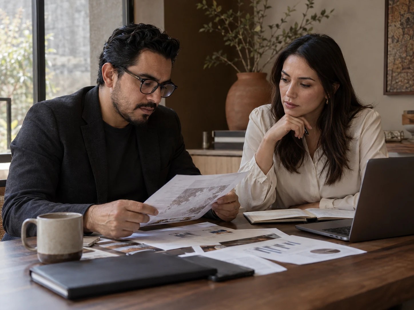 Profesionales consultan documentos y una computadora