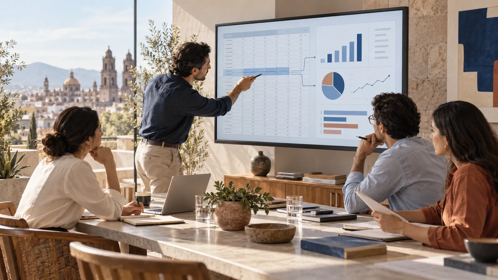 Equipo revisa una hoja de cálculo y visualizaciones generadas con IA antes de tomar una decisión empresarial