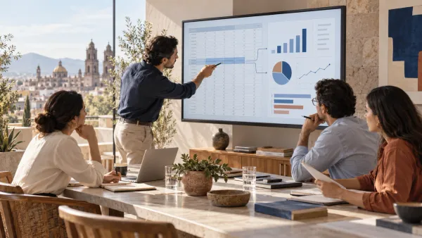 Equipo revisa una hoja de cálculo y visualizaciones generadas con IA antes de tomar una decisión empresarial
