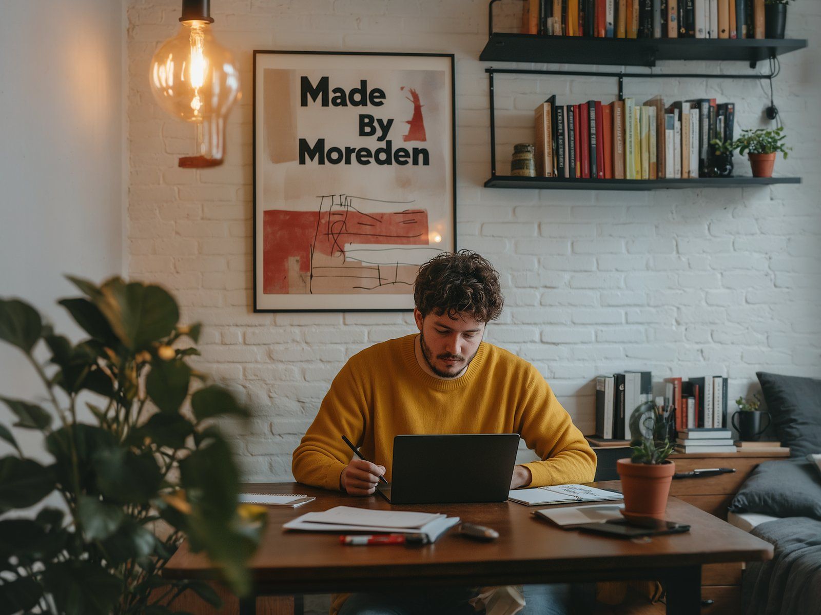 Profesional trabajando en escritorio ejecutivo, ilustrando 'Mejora la búsqueda interna de tu tienda Magento con inteligencia 