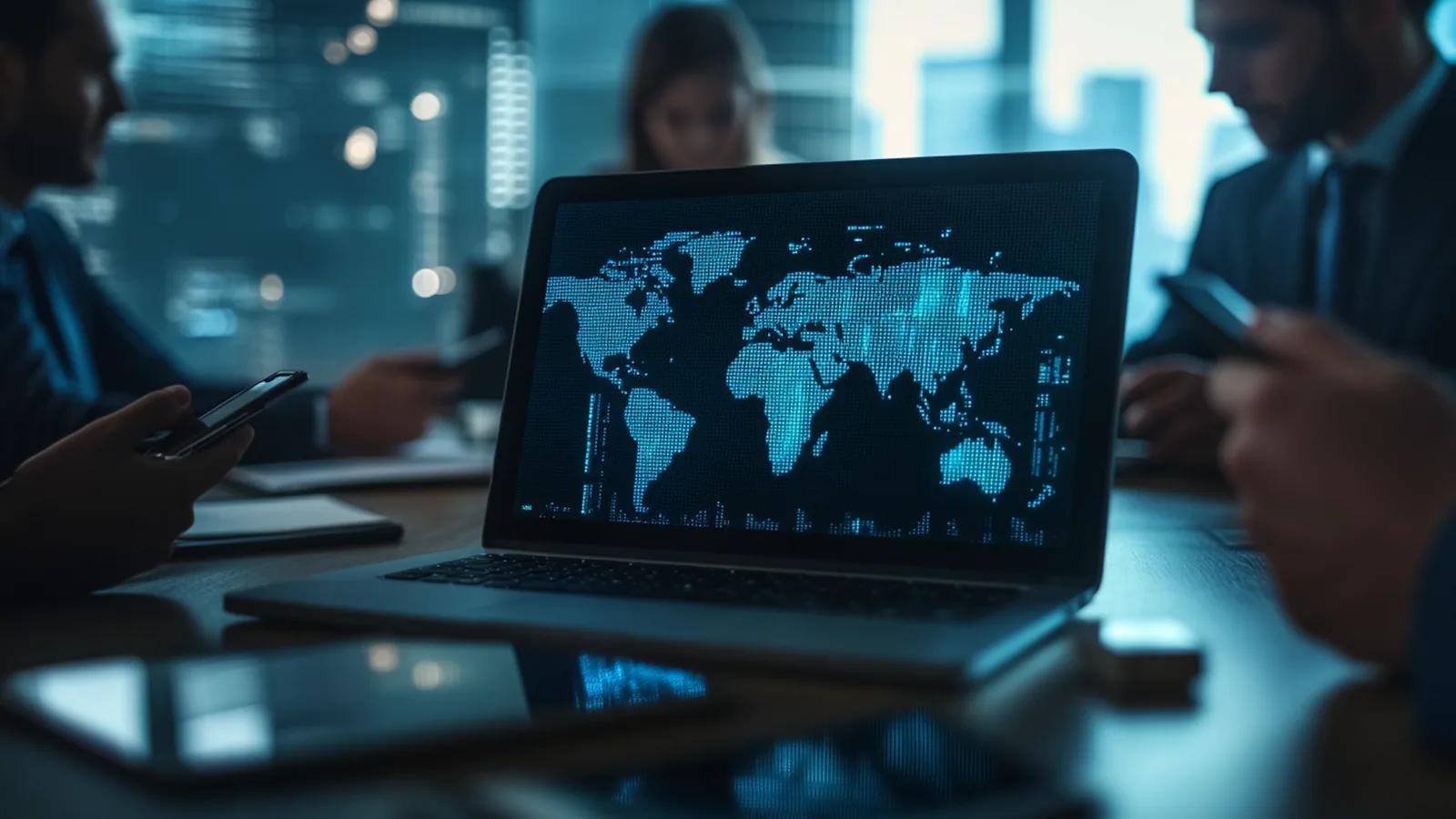 Equipo revisando datos globales en una laptop durante una junta