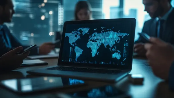 Equipo revisando datos globales en una laptop durante una junta