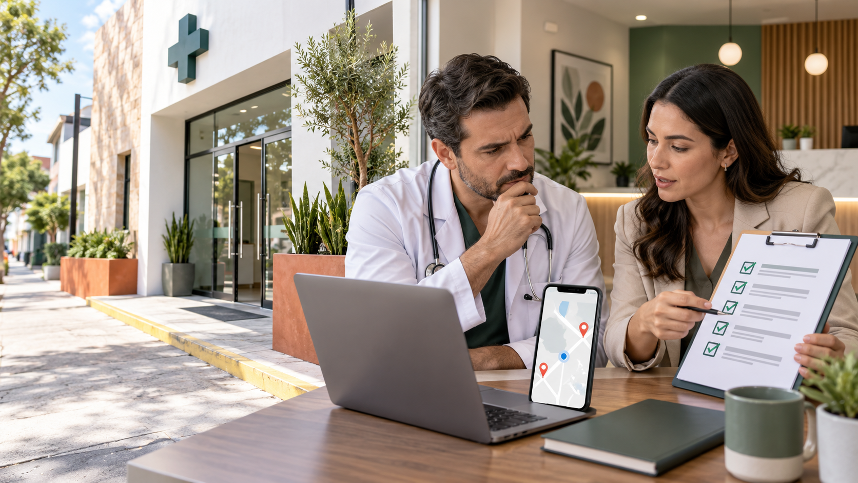 Médico y consultora revisan la ubicación y la presencia digital de un consultorio en mapas