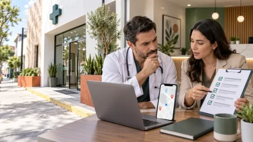 Médico y consultora revisan la ubicación y la presencia digital de un consultorio en mapas