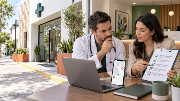 Médico y consultora revisan la ubicación y la presencia digital de un consultorio en mapas