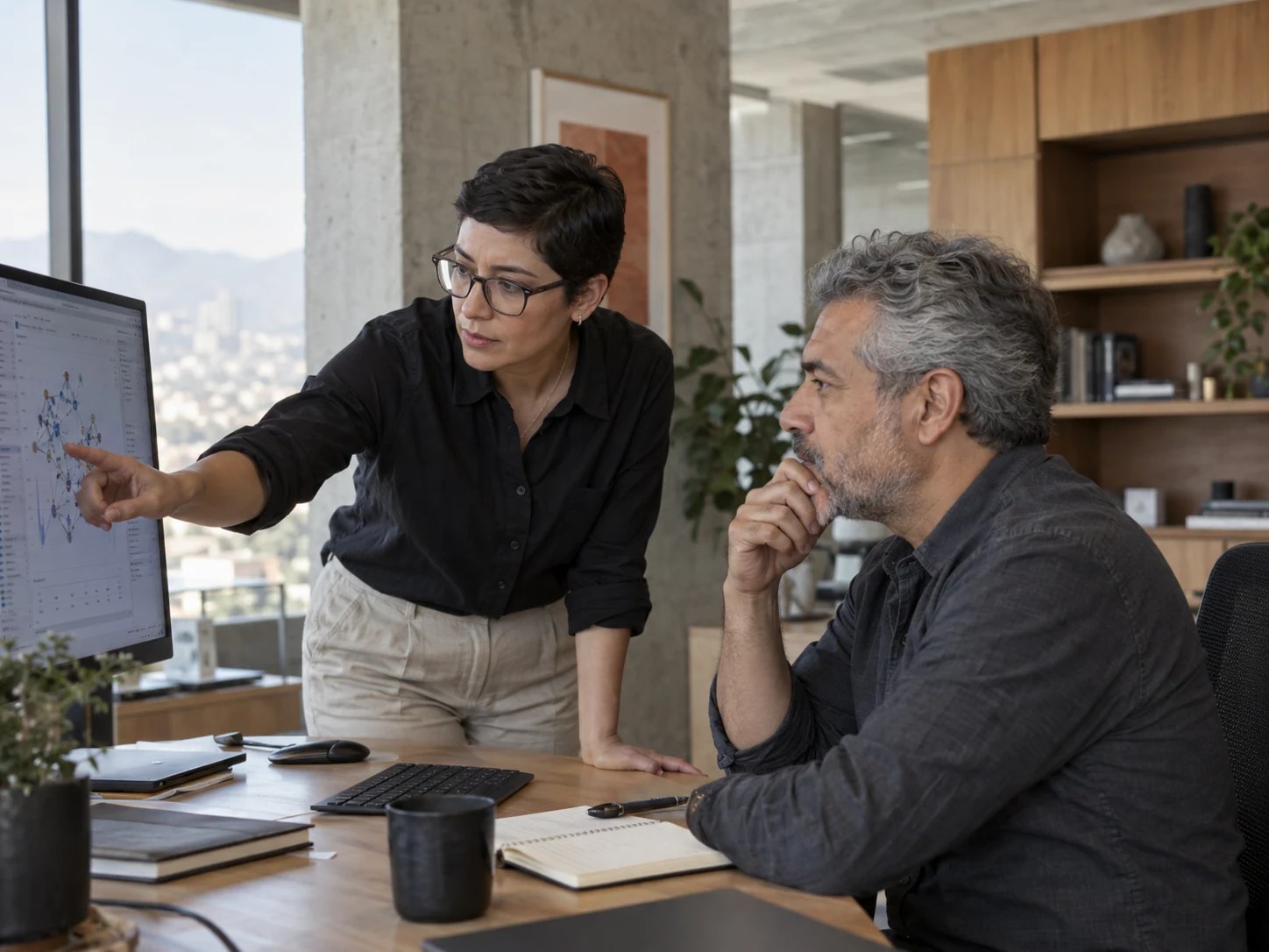 Especialistas revisan un flujo de trabajo en un monitor