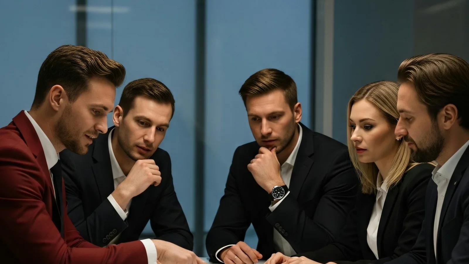 Equipo directivo analizando una decisión en sala de juntas