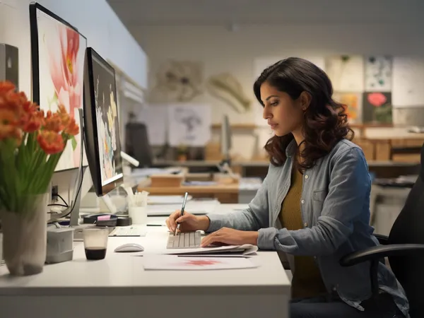 Artista digital trabajando en tableta gráfica, ilustrando 'Traducción de catálogos de ecommerce con IA: cómo expandir a nuevo