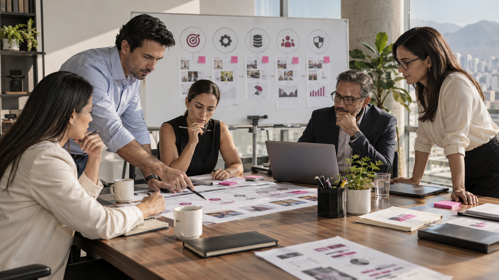 Equipo empresarial evalúa problema, proceso, datos, personas, tecnología y gobierno antes de implementar inteligencia artificial