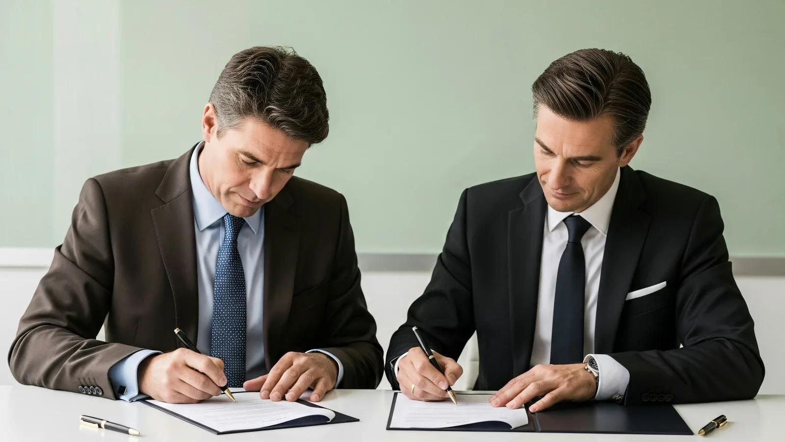 Dos abogados firmando documentos en una sala de juntas