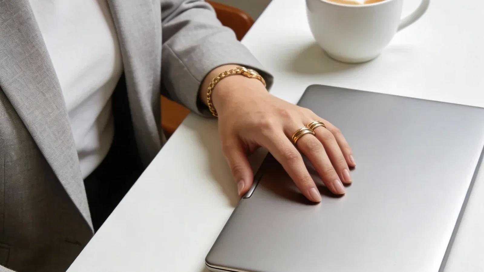 Manos protegiendo una laptop cerrada sobre un escritorio