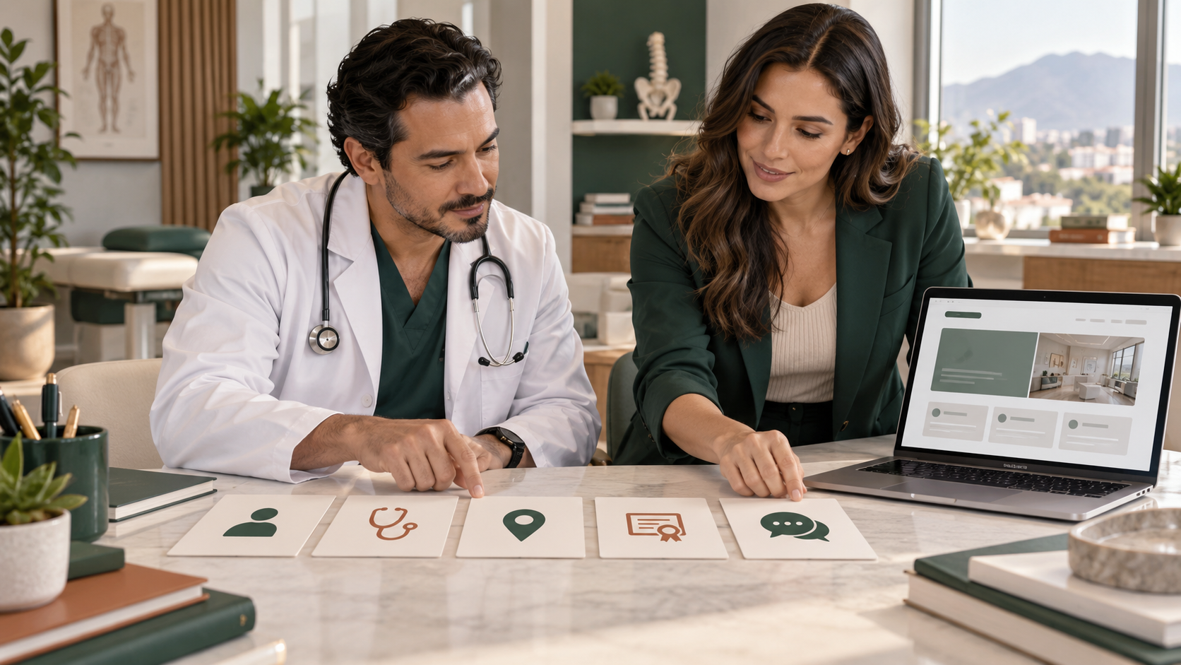 Médico y estratega organizan las páginas esenciales de un sitio web para buscadores, mapas e inteligencia artificial