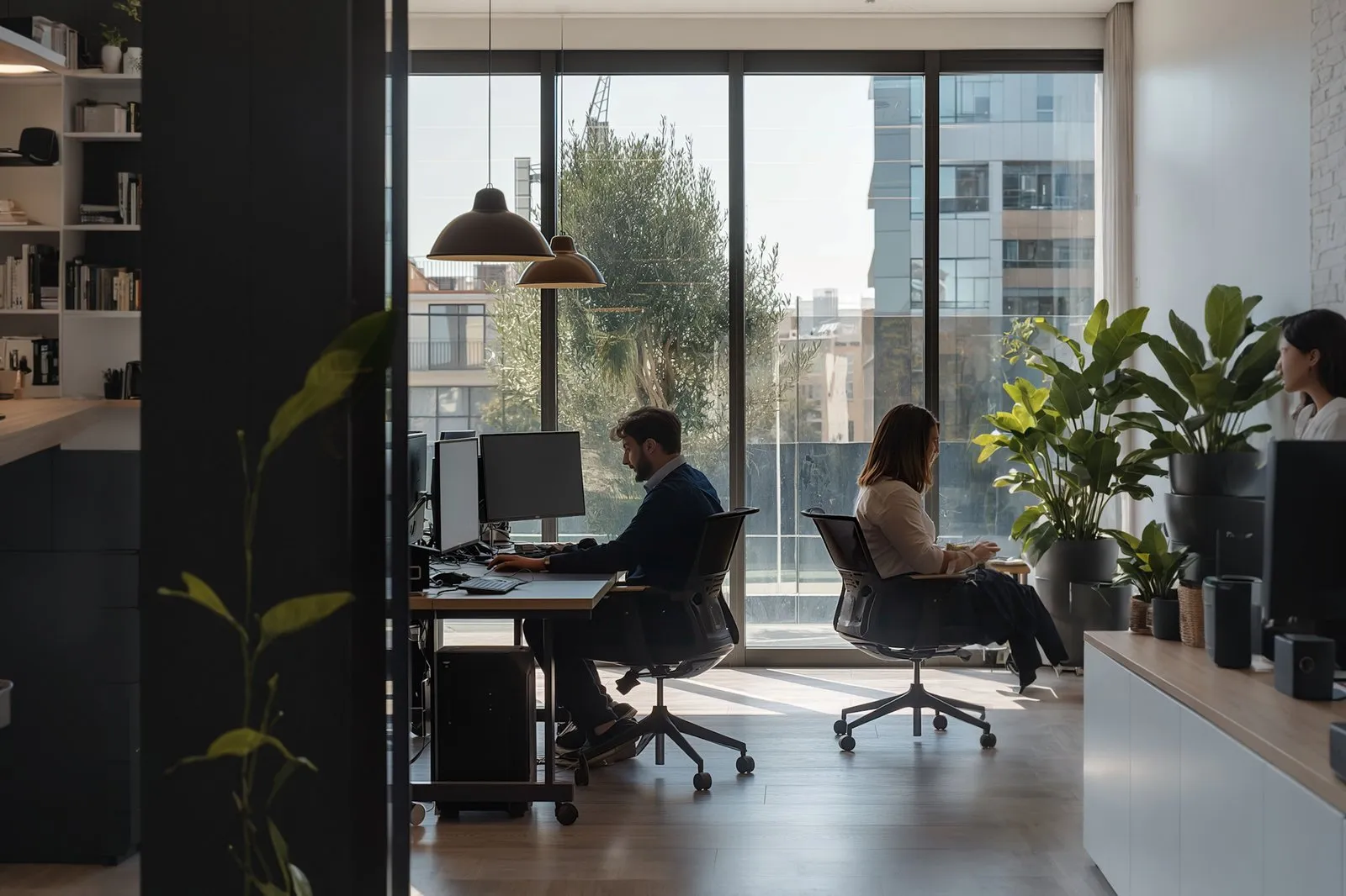 Ambiente de trabajo en oficina moderna, ilustrando 'Capacitación en IA para empresas: cómo entrenar a tu equipo para que adop