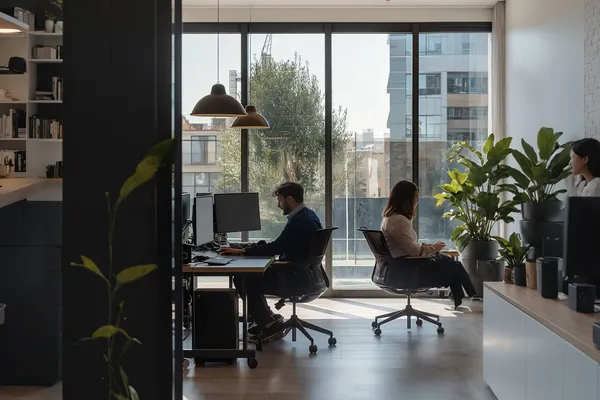 Ambiente de trabajo en oficina moderna, ilustrando 'Capacitación en IA para empresas: cómo entrenar a tu equipo para que adop