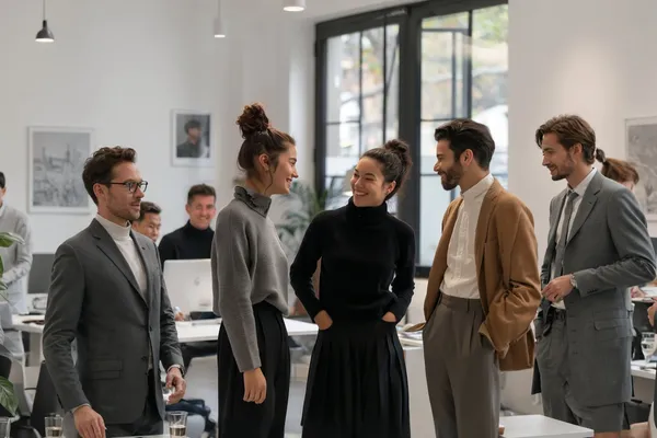 Interacción casual en oficina corporativa, ilustrando 'Playbook, POC o MVP en IA: qué entregable exigir · ia¹'
