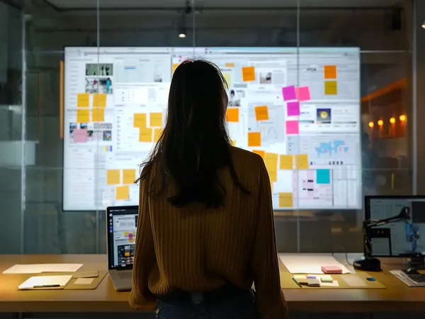 Mujer profesional frente a tablero de planeación, ilustrando 'Cómo Mejorar la Experiencia de Usuario en tu Ecommerce con Chat