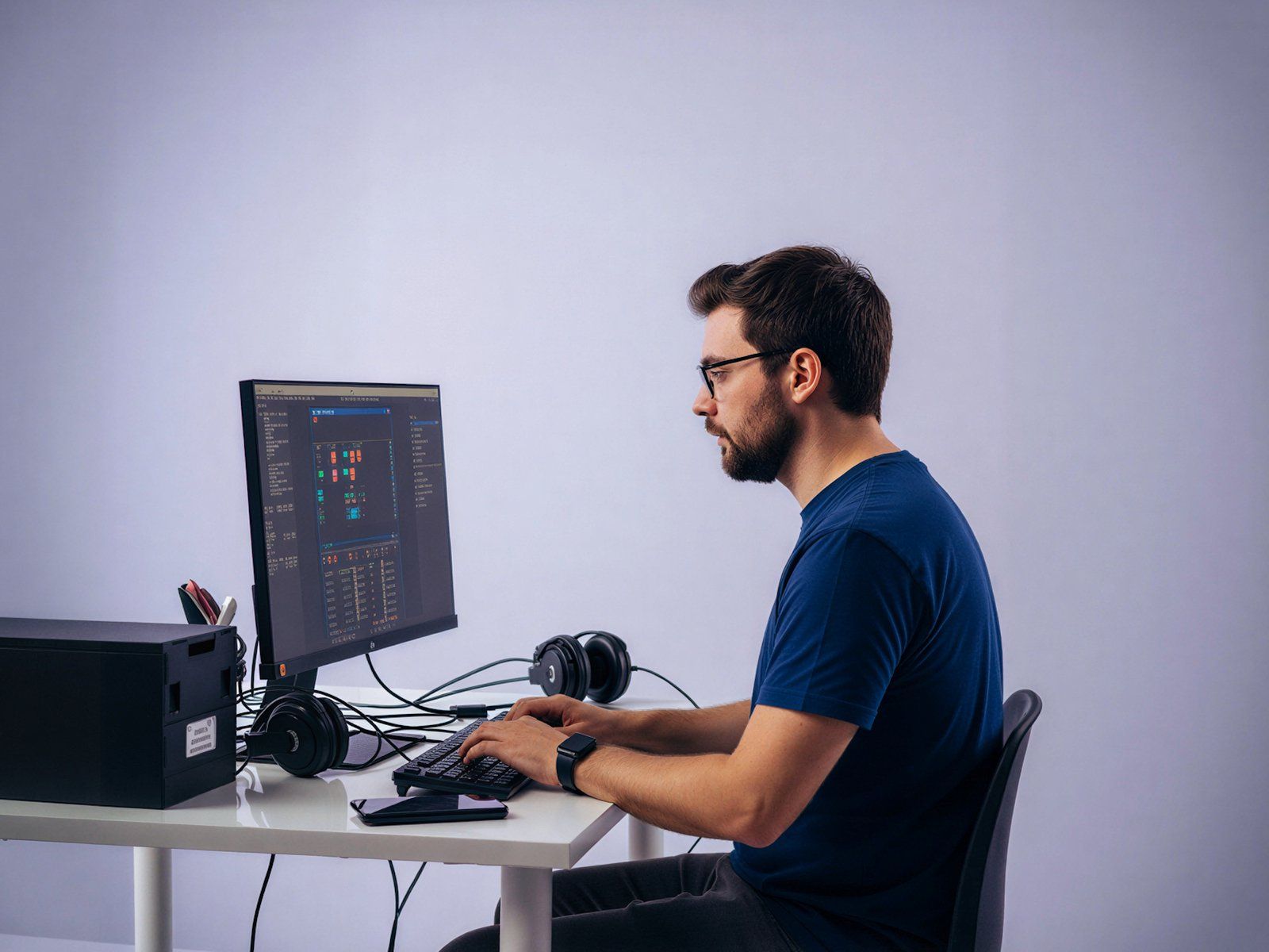 Programador concentrado en sesión de desarrollo, ilustrando 'APIs de IA para Magento y WooCommerce: qué conectar, cómo hacerl