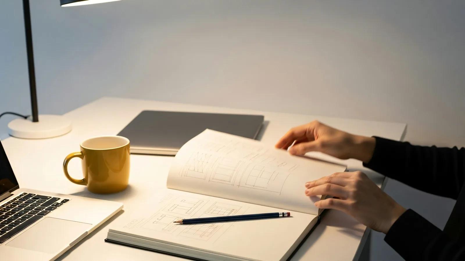 Escritorio con libreta abierta, teclado y una taza de café