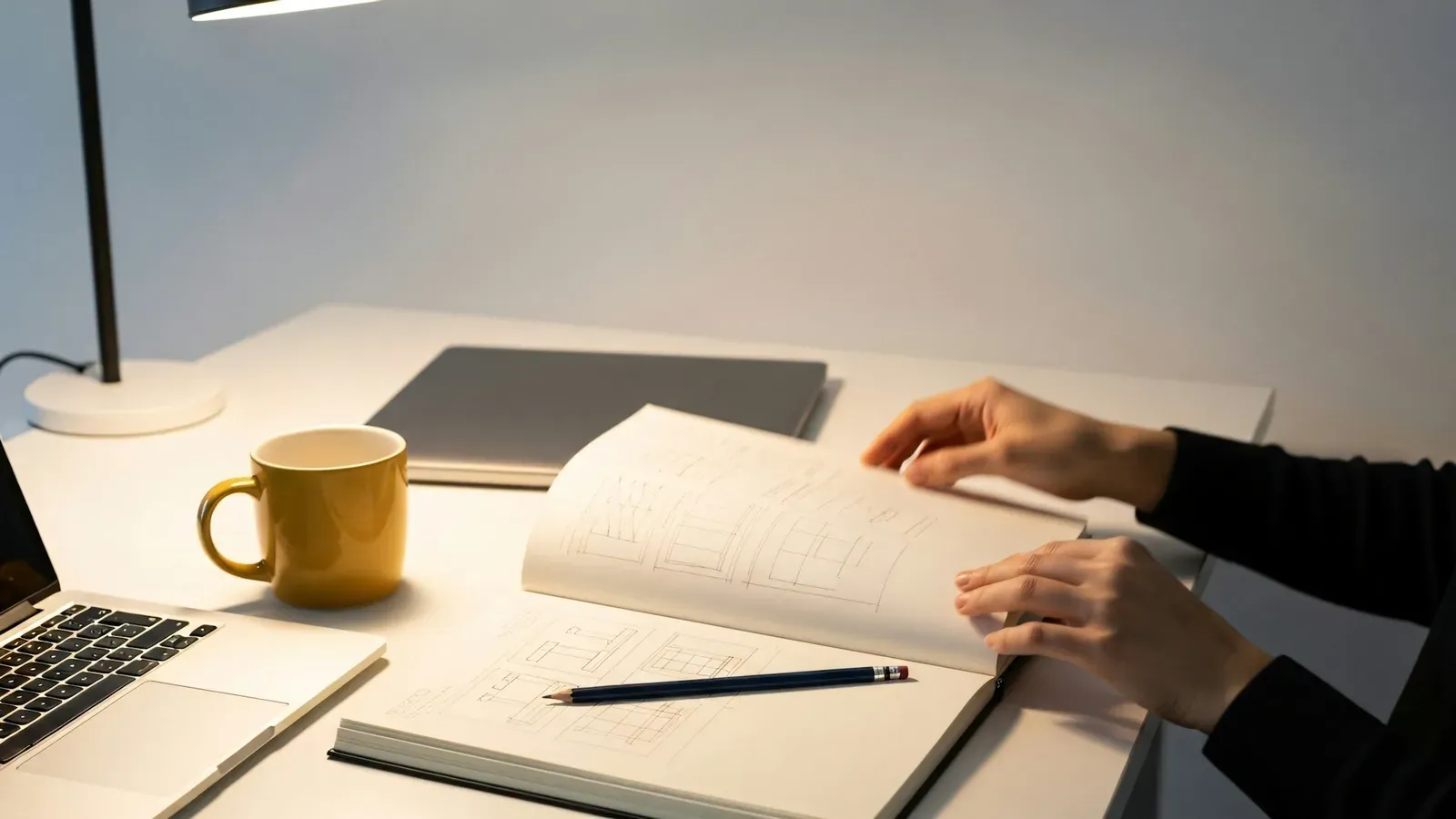 Escritorio con libreta abierta, teclado y una taza de café