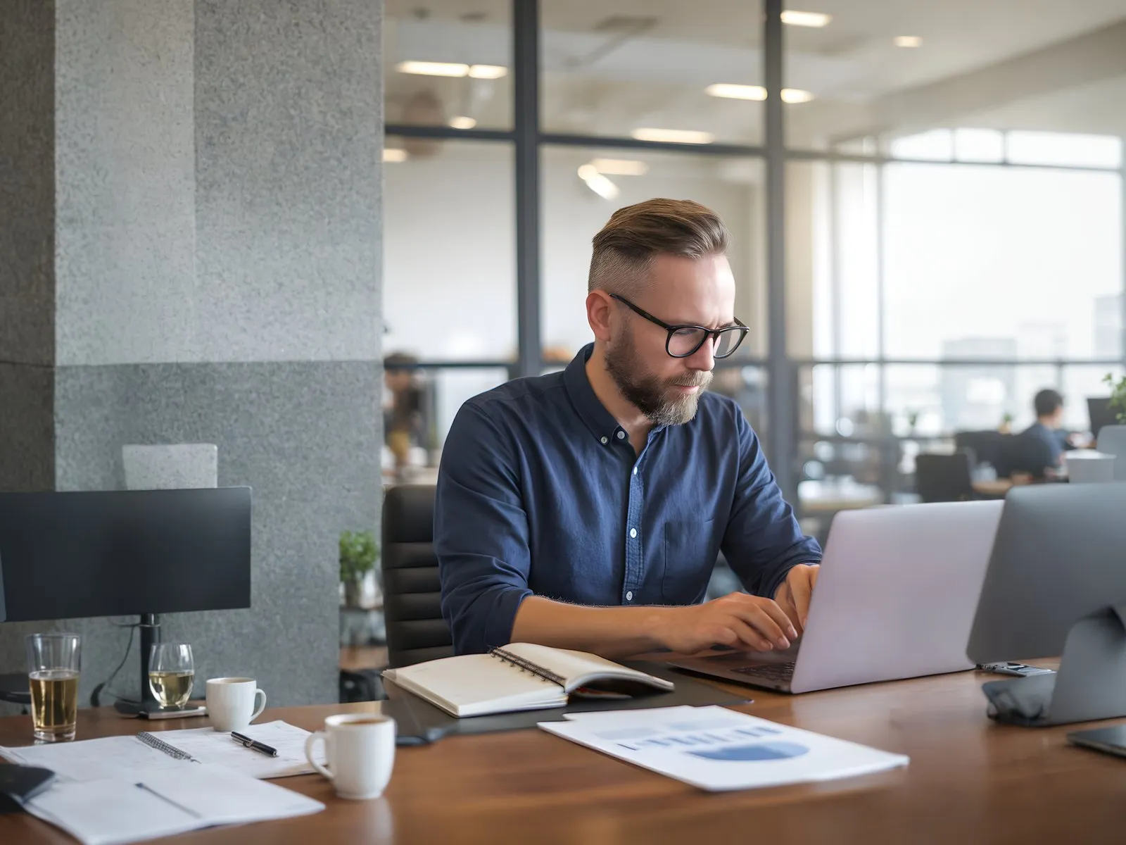 Hombre profesional trabajando en laptop, ilustrando 'Cómo la Inteligencia Artificial está Transformando el Comercio Electróni