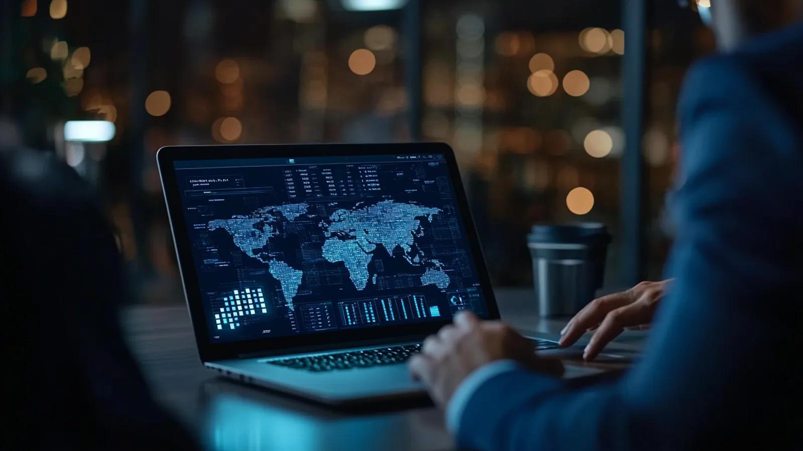 Ejecutivo revisando un panel de datos en su laptop de noche