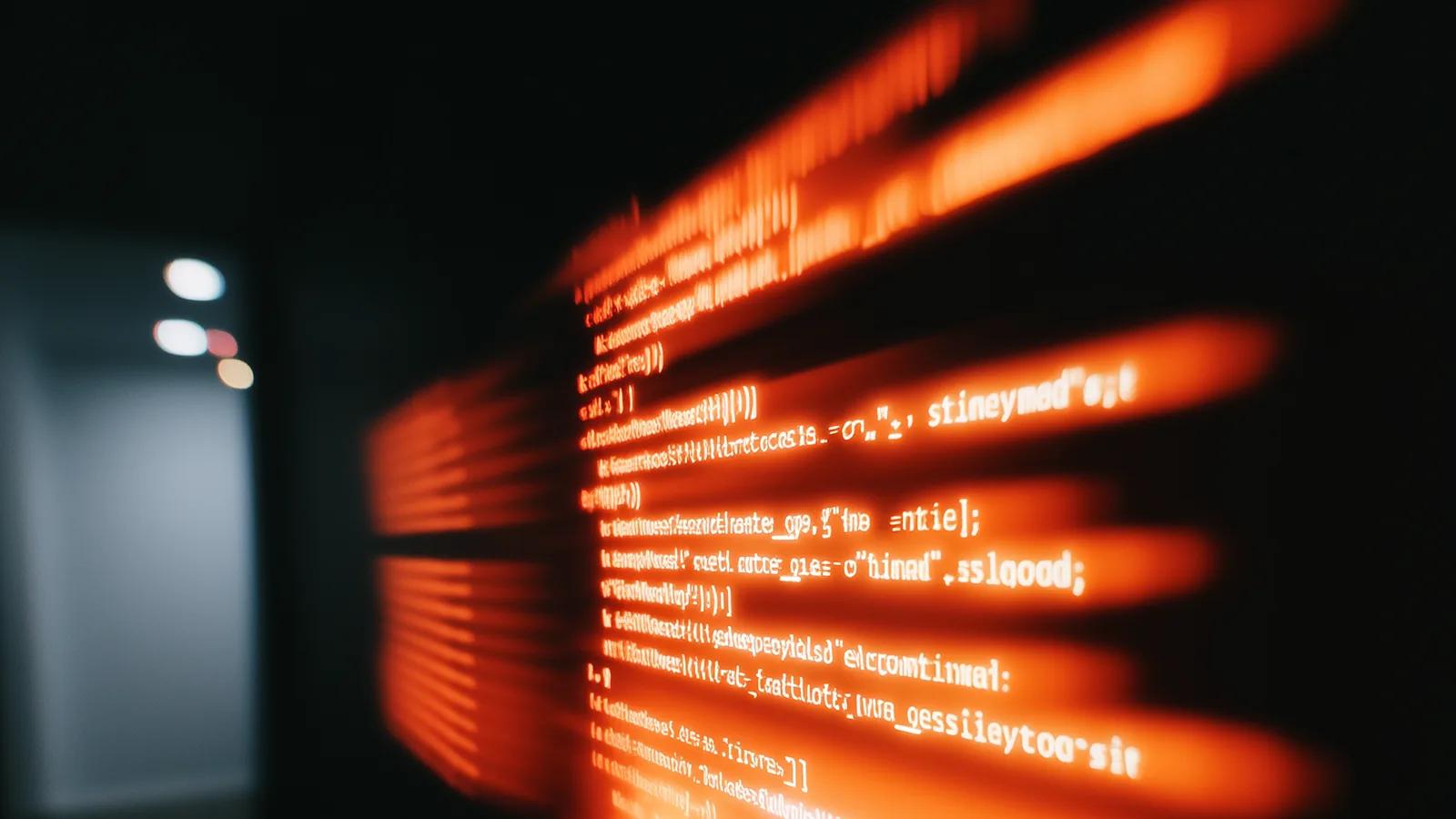 Líneas de código proyectadas en tonos naranja sobre fondo oscuro