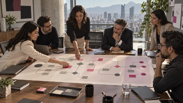 Equipo directivo organiza oportunidades, dependencias y puertas de decisión en un roadmap empresarial de inteligencia artificial