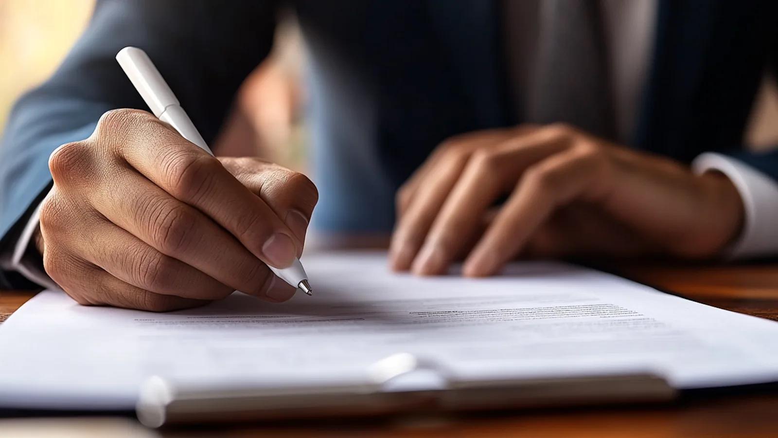 Detalle de una firma sobre documentos legales
