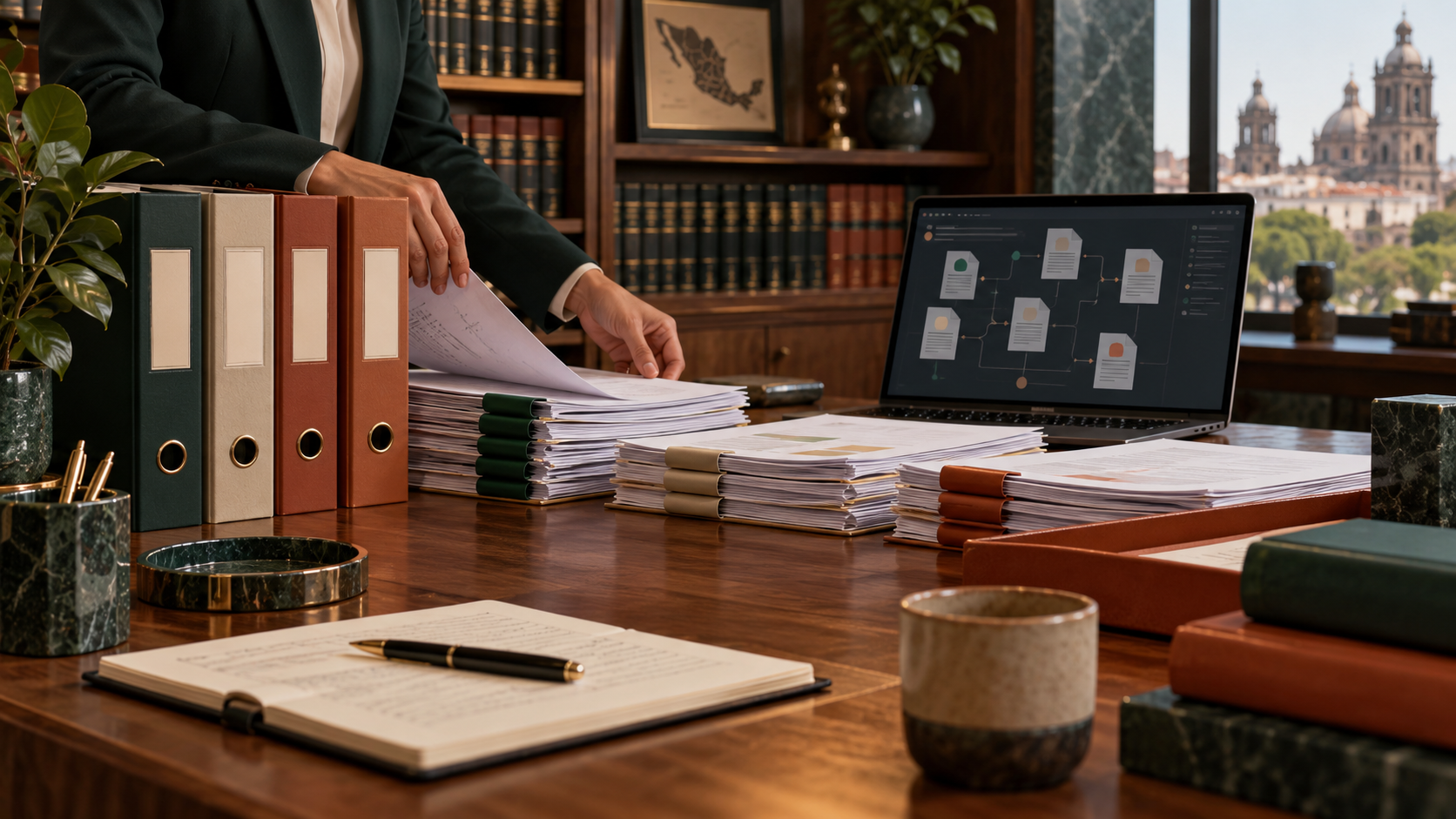 Abogada selecciona documentos para una base de conocimiento jurídica conectada a inteligencia artificial