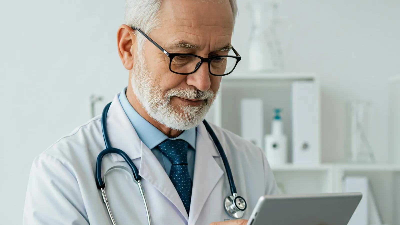 Médico especialista consultando información en una tableta