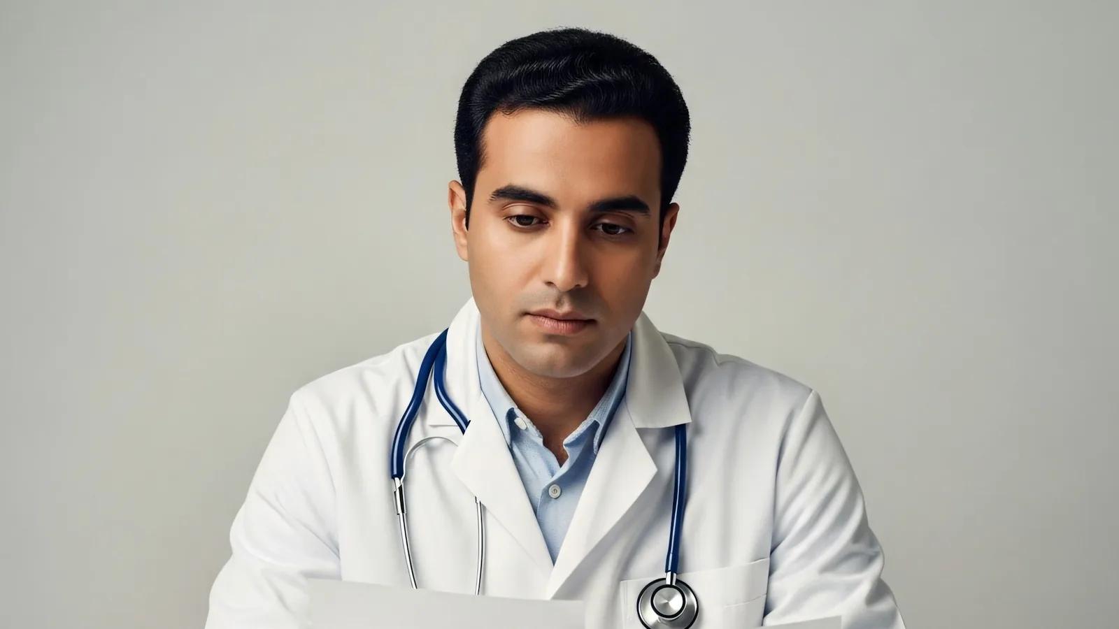 Médico revisando un documento en su consultorio