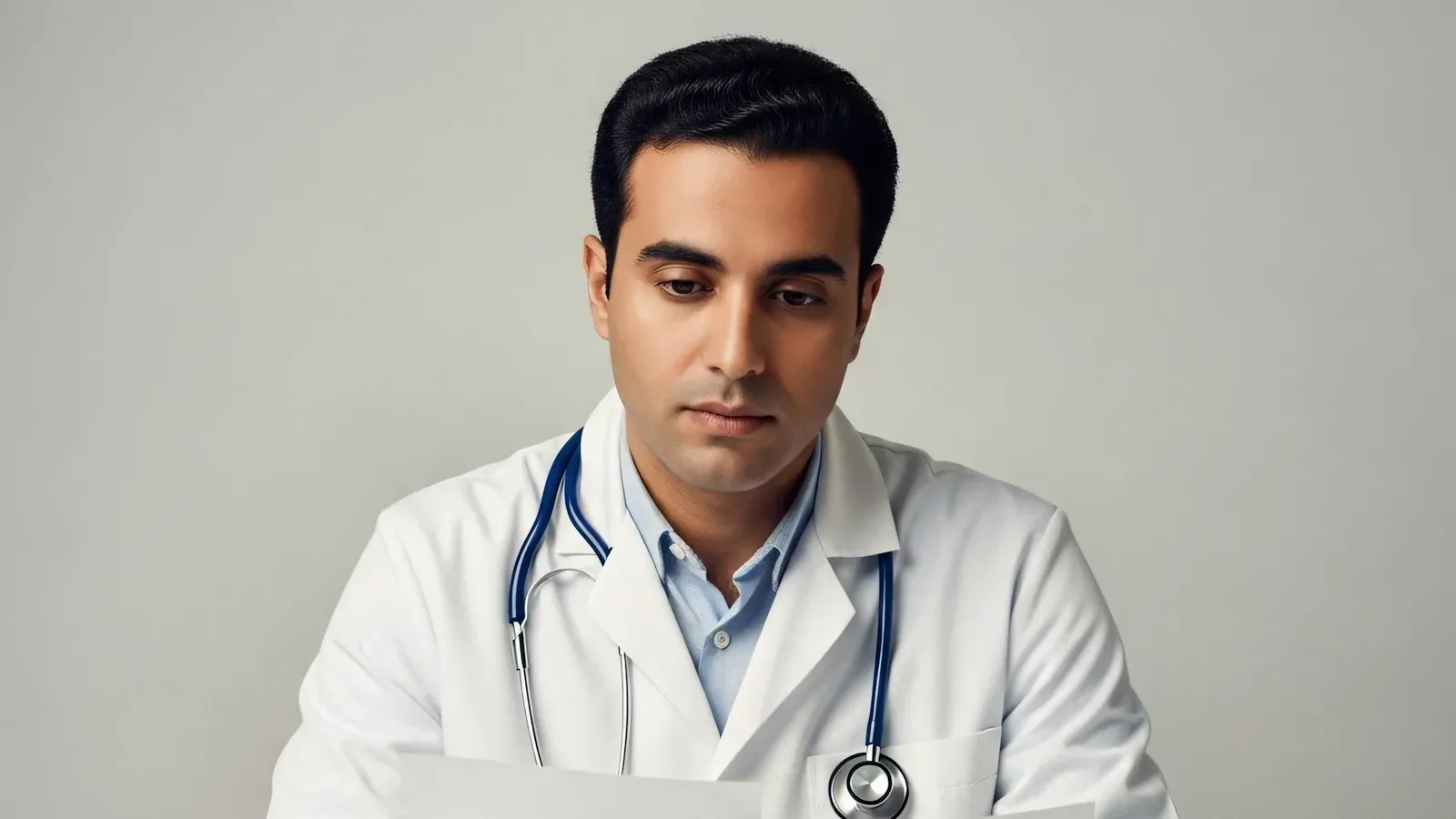 Médico revisando un documento en su consultorio