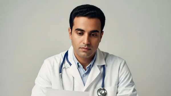 Médico revisando un documento en su consultorio