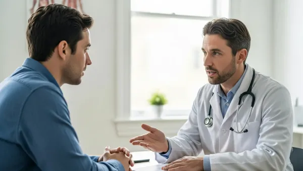 Médico explicando a un paciente en consultorio luminoso