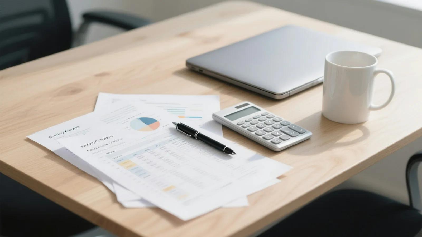 Escritorio con reportes, calculadora y laptop