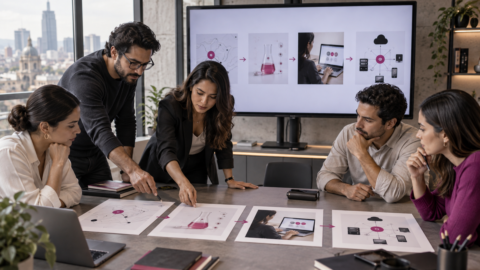 Equipo empresarial revisa las etapas de estrategia, prueba, piloto y operación de un proyecto de inteligencia artificial