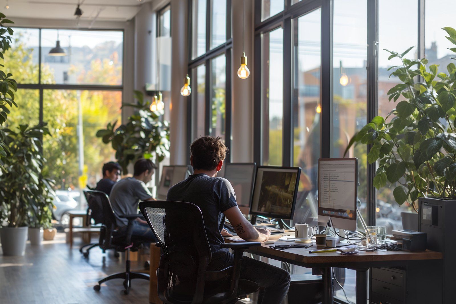 Espacio de co-working contemporáneo con luz natural, ilustrando 'Política de IA generativa: guía prescriptiva para empresas ·
