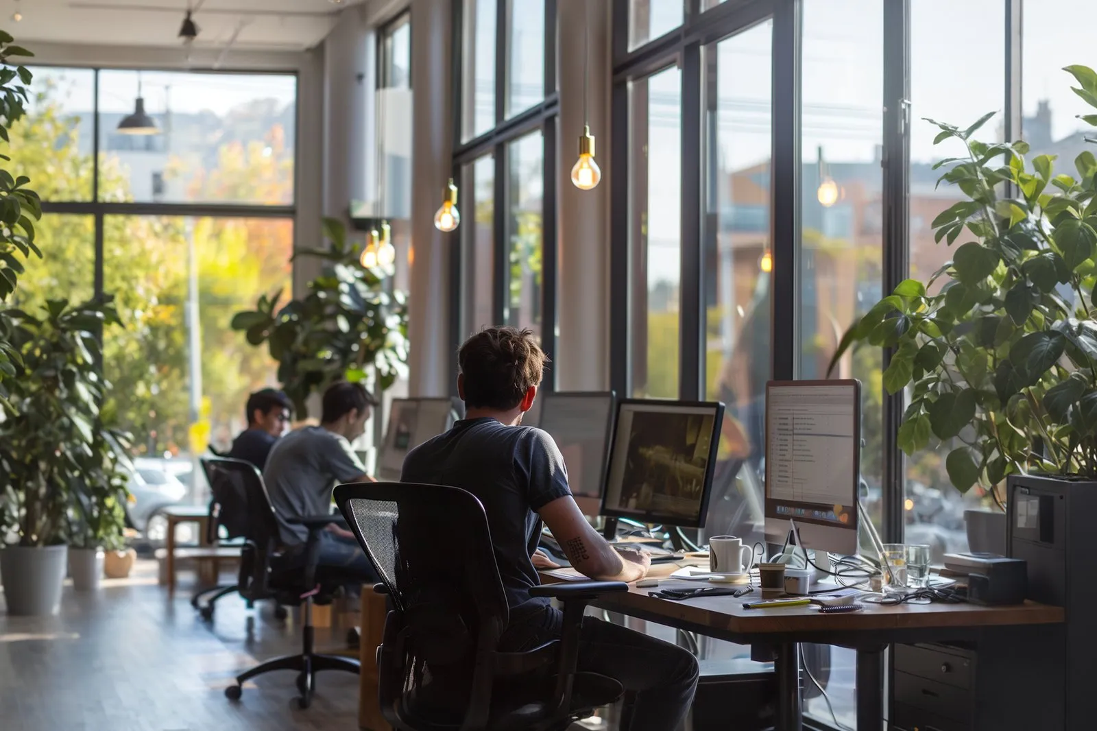 Espacio de co-working contemporáneo con luz natural, ilustrando 'Política de IA generativa: guía prescriptiva para empresas ·