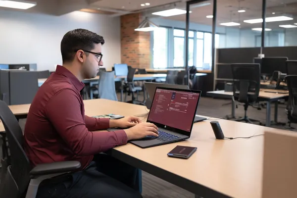 Especialista en tecnología trabajando en pantalla, ilustrando 'Personalización en ecommerce con IA: más allá de ‘tambié